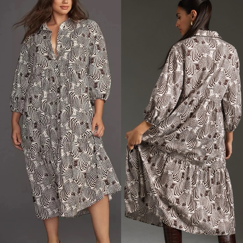 Maeve by ANTHROPOLOGIE The Bettina Tiered Shirt Dress XS Cotton Brown Zebra